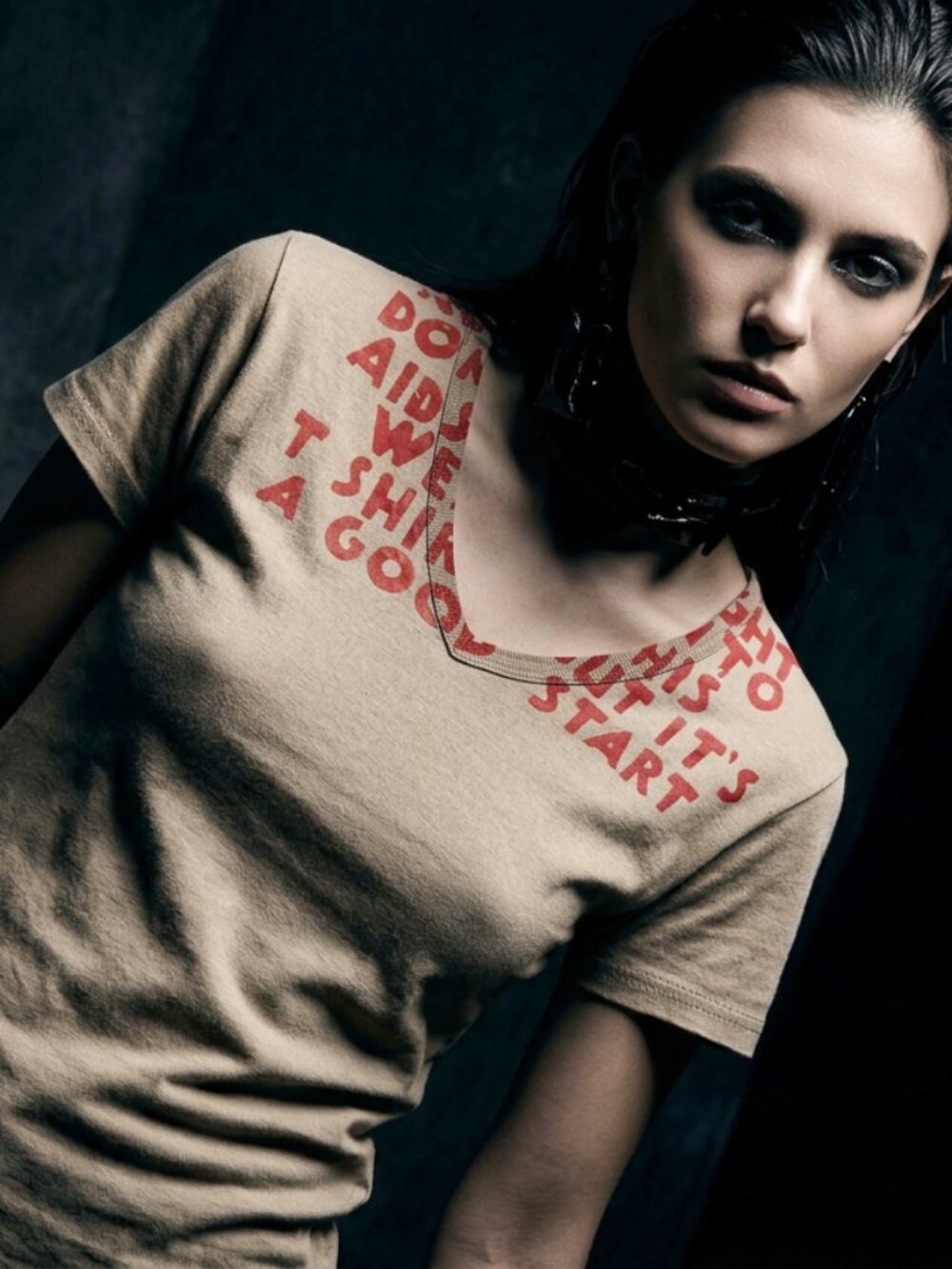 Maison Martin Margiela Beige Tee with Red Neck Graphic